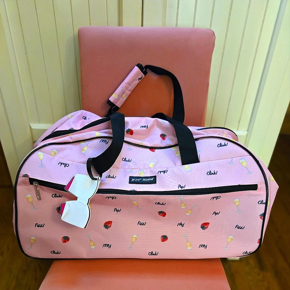 Betsey Johnson Rolling Duffle Bag Strawberry Champagne print w/polka dot lining - Picture 1 of 5